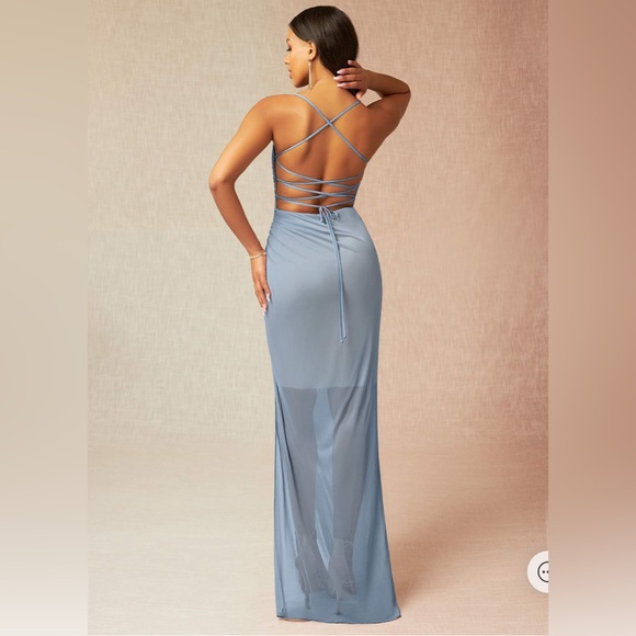 AZAZIE ASLAY Dusty Blue Sheath Sweetheart Neckline Mesh Dress - Size 12 - Picture 2 of 6